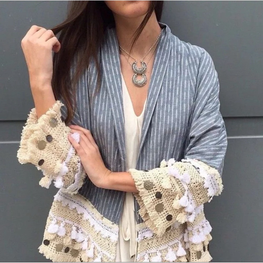 Zara Cardigan Kimono Bohemian Folk Long Sleeve Tassels Coins Festival S Blue